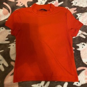 Mock-Neck Rib-Knit Form Fitted Tee